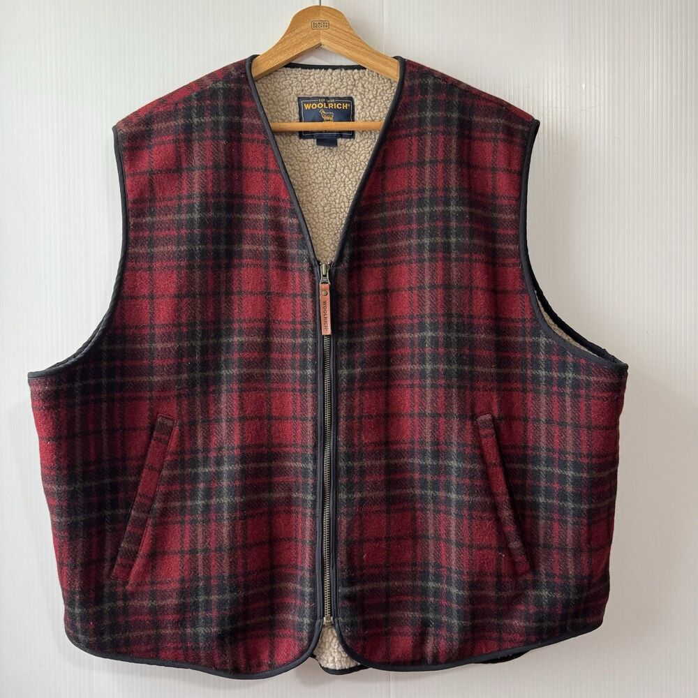 Woolrich Men’s XL Sherpa Lined Red Tartan Plaid Full Zip Wool Vest